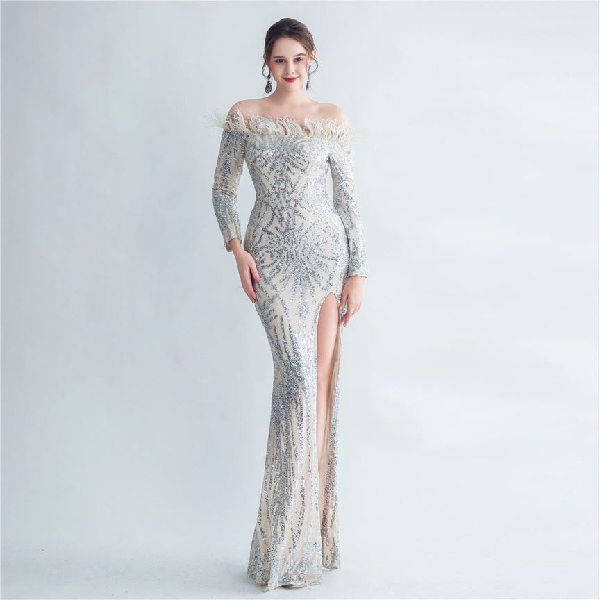 Off Shoulder Feather Sequins with High Slit Gown (Silver) (Made To Order)