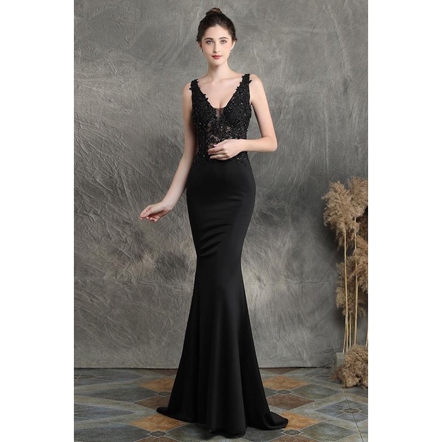 Low Back V-Neck Mermaid Evening Gown (Black) (Made To Order)