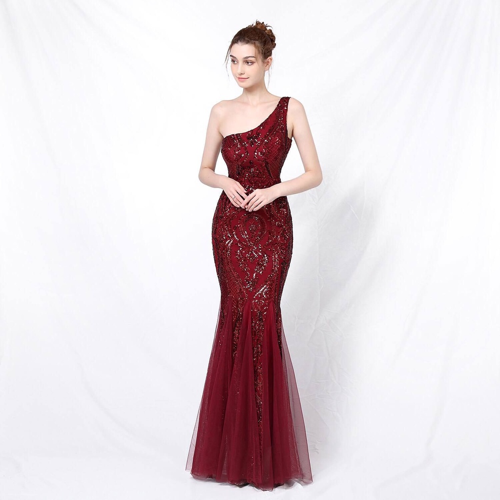 One Side Shoulder Sequins Mermaid Evening Gown (Burgundy) (Made To Order)