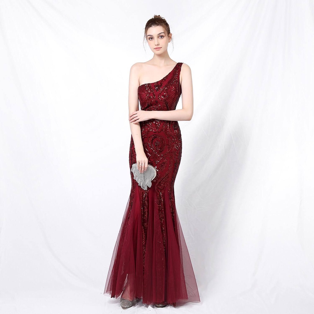 One Side Shoulder Sequins Mermaid Evening Gown (Burgundy) (Made To Order)