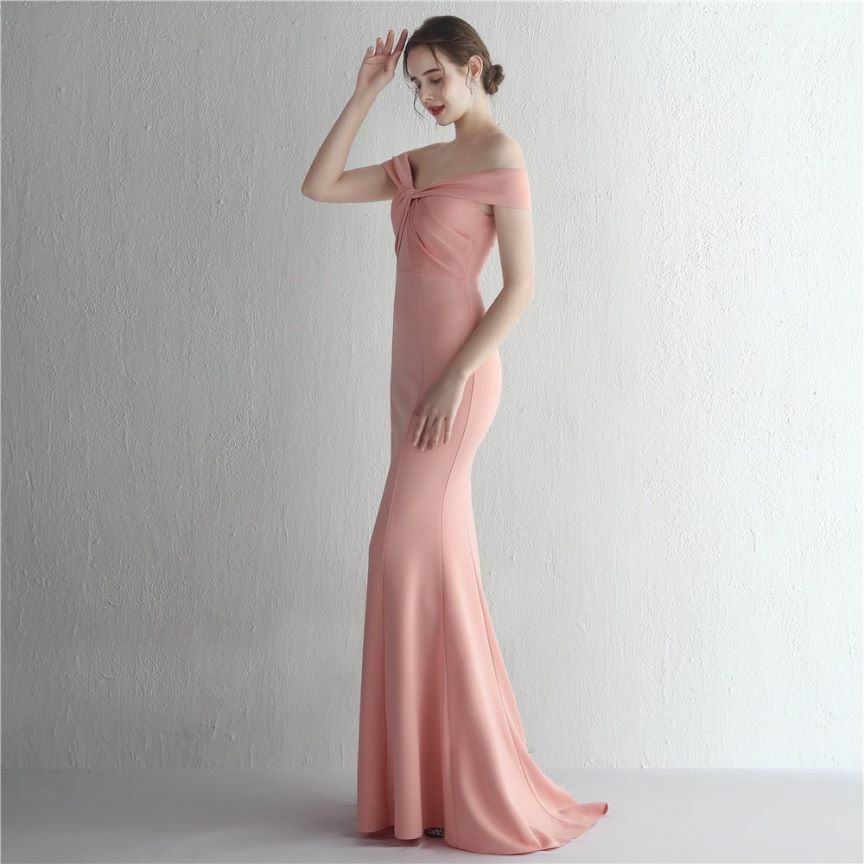 Off Shoulder Twist Slim Mermaid Long Evening Gown (Pink) (Made To Order)