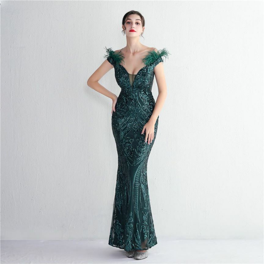 Elegant Off Shoulder Feather Mermaid Evening Gown (Green) (Made To Order)