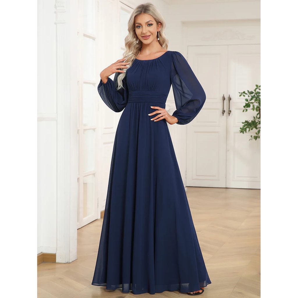 Long Lantern Sleeve A-Line Evening Gown (Navy Blue) (Retail)