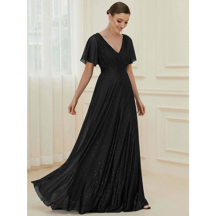 Deep V Neck Ruffles Sleeve A Line Evening Gown (Black) (Retail)