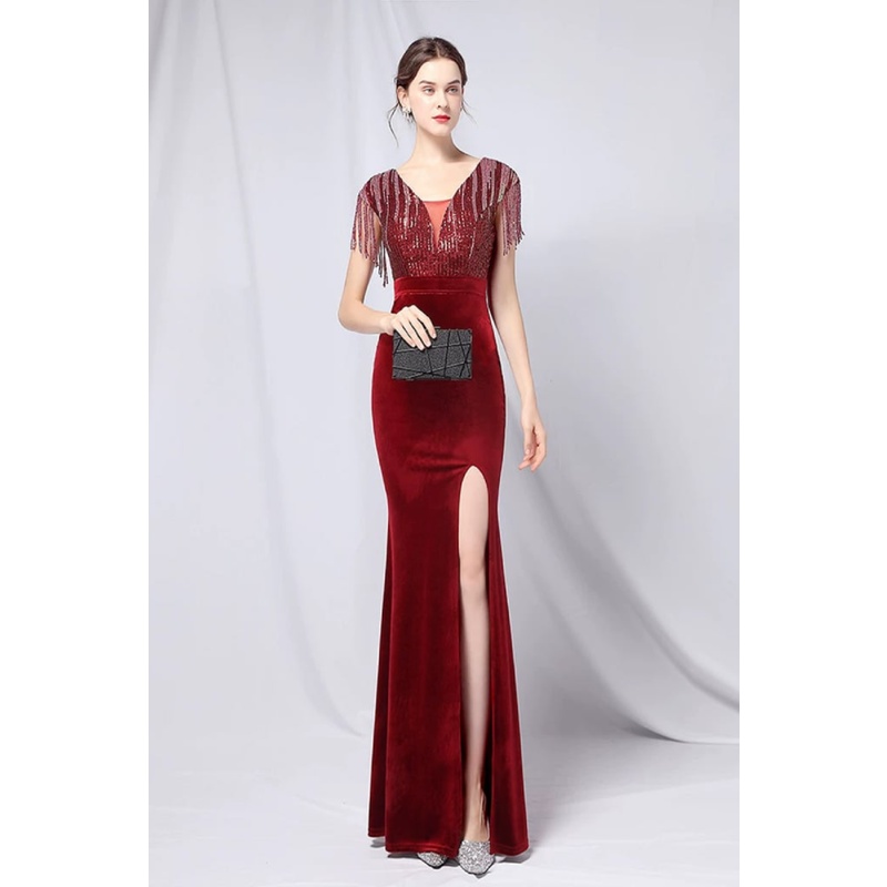 Short Sleeve Sequins Fitted Evening Gown (Maroon) (Made To Order)