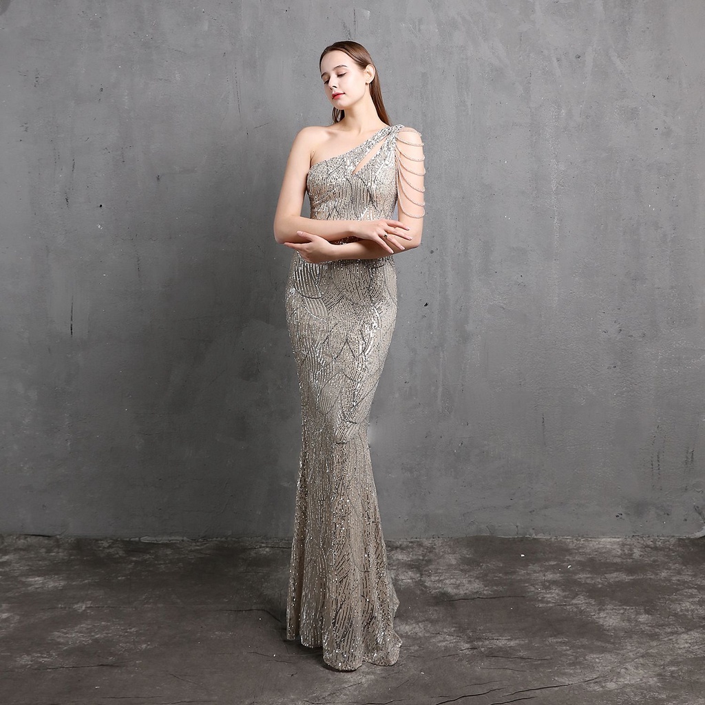 One Side Off Shoulder with Crystal Beads Sleeve Mermaid Evening Gown (Silver) (Made To Order)