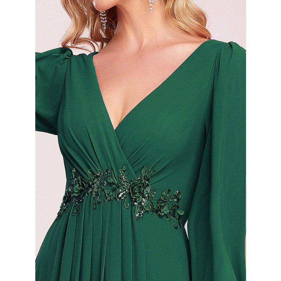 Long Lantern Sleeves V-Neck A-Line Evening Gowns (Green) (Made To Order)