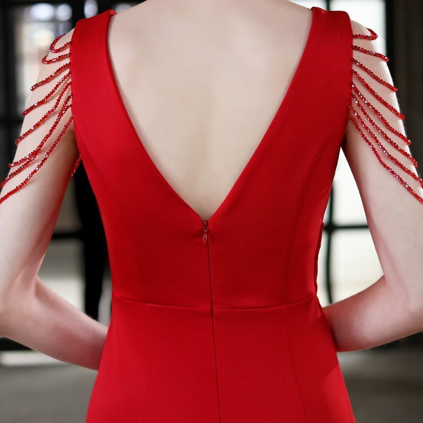 Beads Sleeve V-Neck Ruffles One Side Fitted Dinner Gown (Red) (Made To Order)