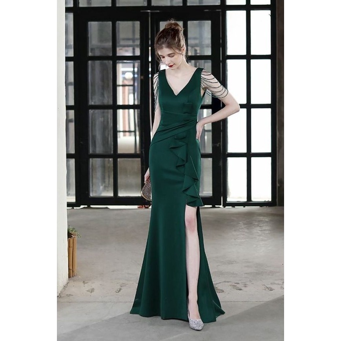 Beads Sleeve V-Neck Ruffles One Side Fitted Dinner Gown (Green) (Made To Order)
