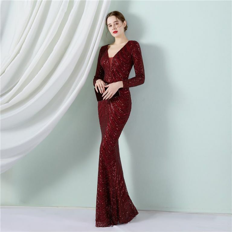 Long Sleeve Sequins Mermaid Evening Gown (Maroon) (Made To Order)