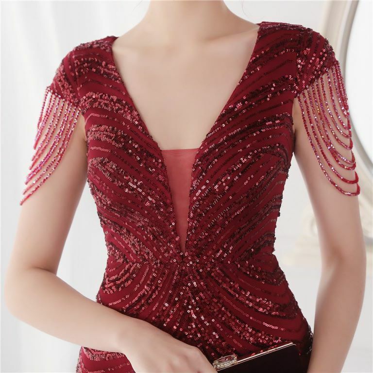 Illusion V-Neck Sequins with Beads Mermaid Evening Gown (Burgundy) (Made To Order)