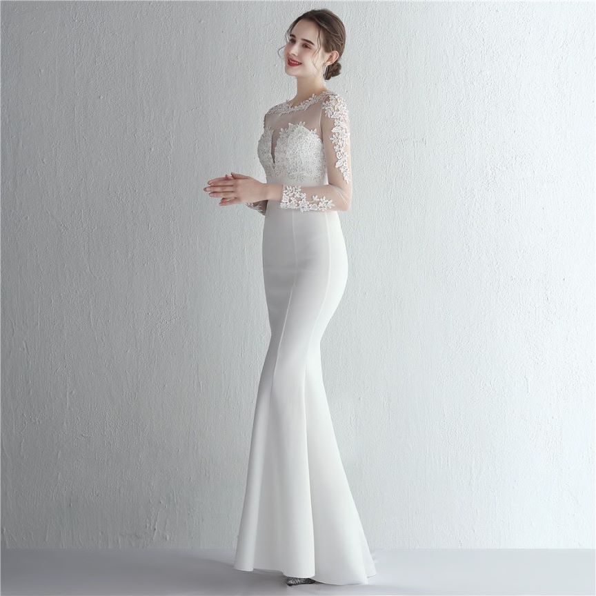 Elegant Long Sleeve Lace Mermaid Evening Gown (White) (Made To Order)