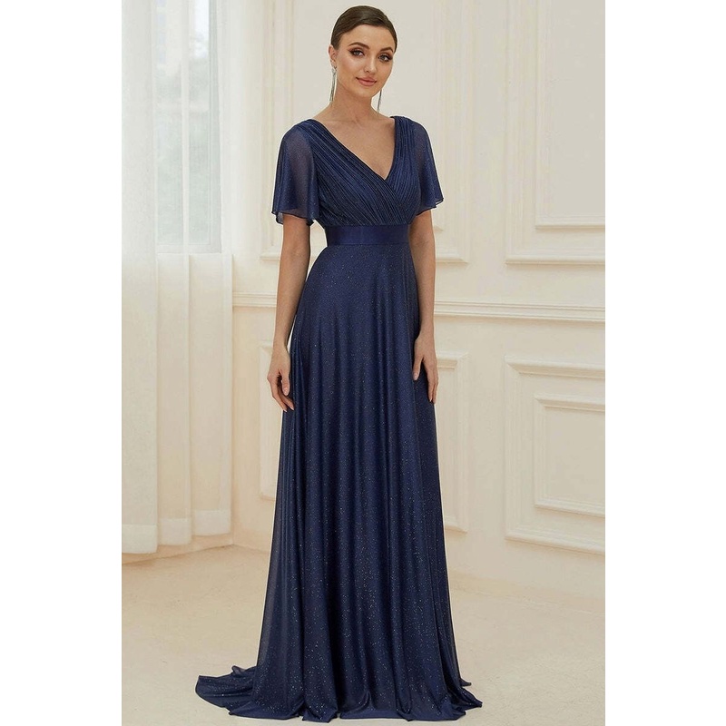 Deep V Neck Ruffles Sleeve A Line Evening Gown (Navy Blue) (Retail)