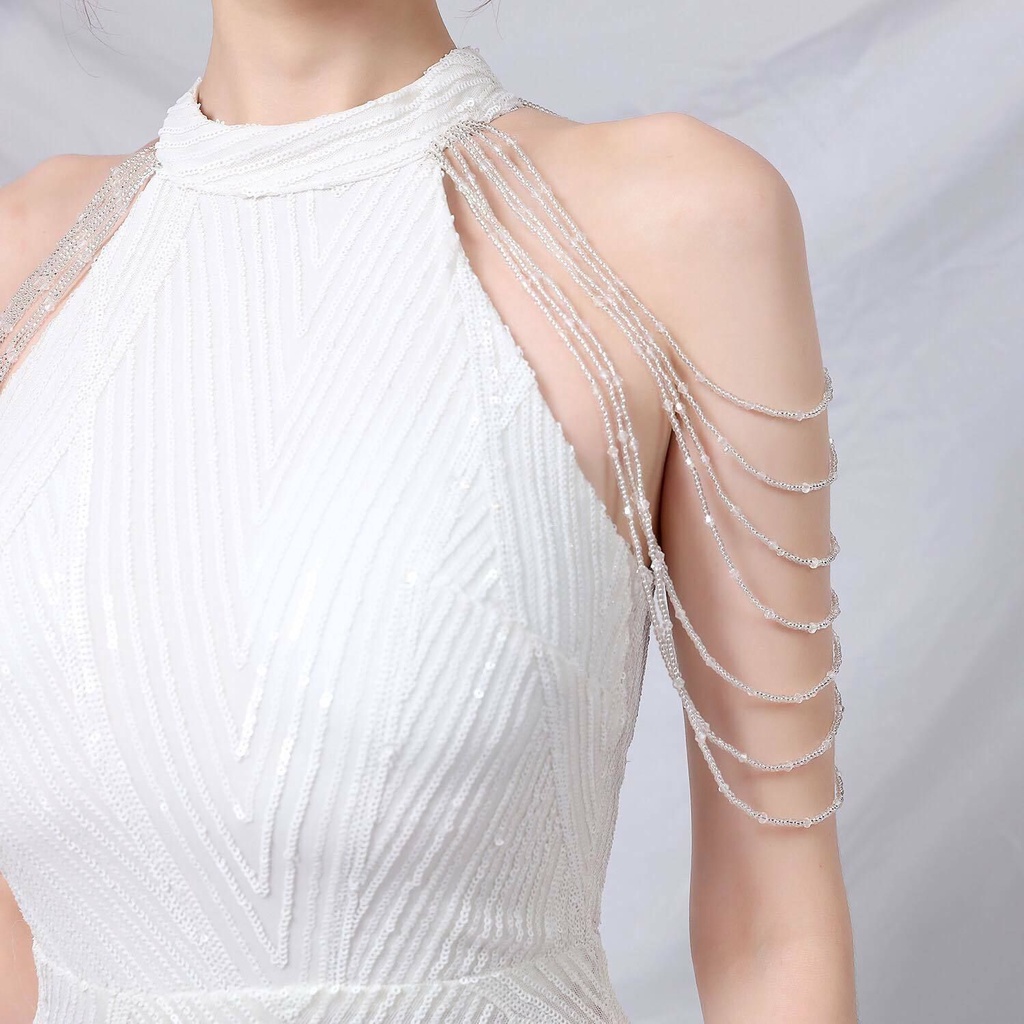 Sequins Halter Neck with Beads Mermaid Long Gown (White) (Retail)