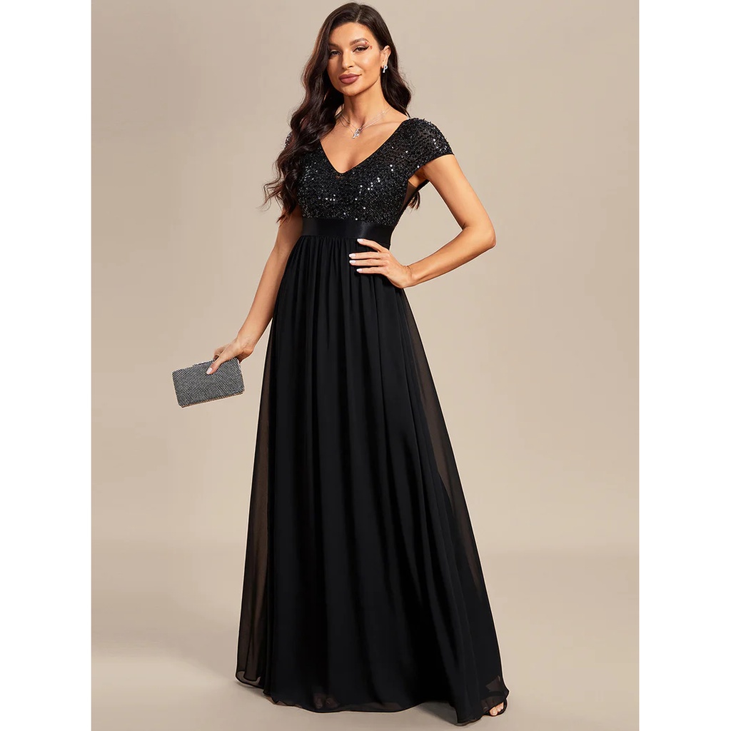 Short Sleeves Sequins A-Line Evening Gown (Black) (Retail)