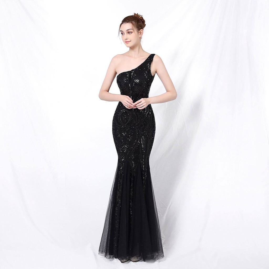 One Side Shoulder Sequins Mermaid Evening Gown (Black) (Made To Order)
