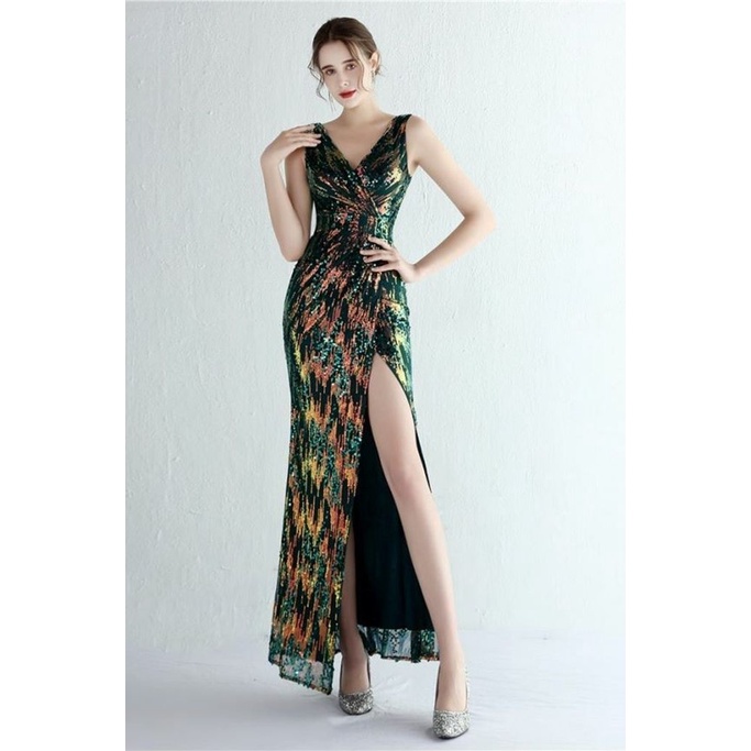 Multicolors Sequins V-Neck High Slit Evening Gown (Green) (Made To Order)
