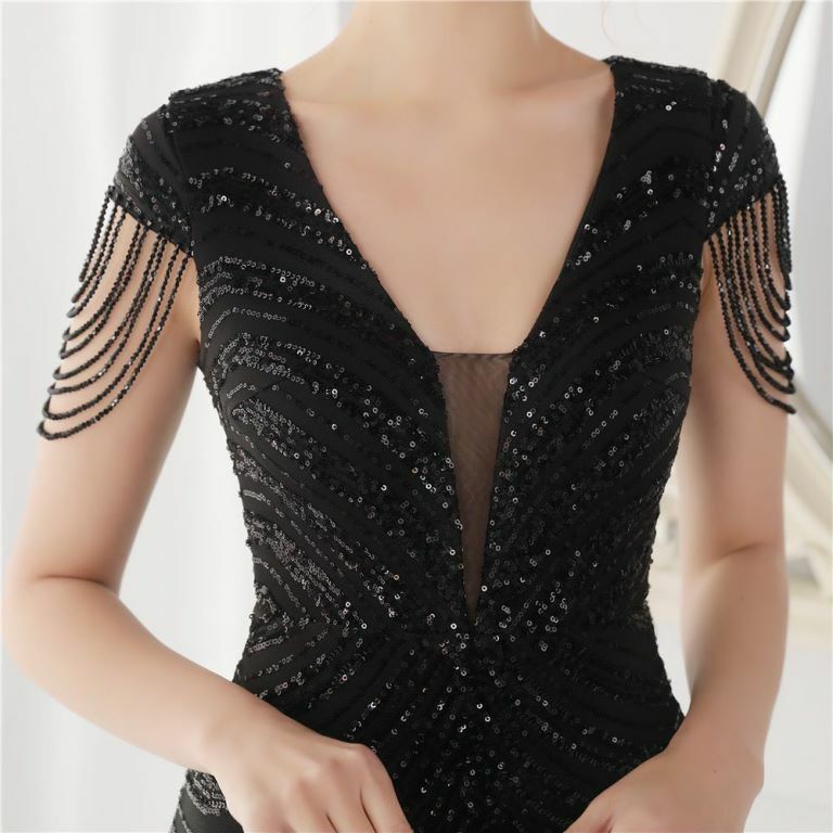 Illusion V-Neck Sequins with Beads Mermaid Evening Gown (Black) (Made To Order)