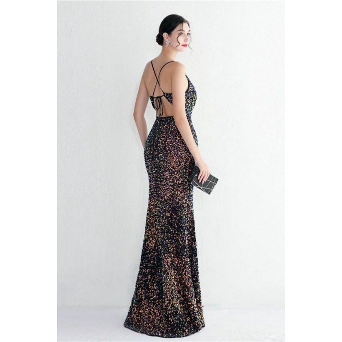 Gorgeous Open Back Spaghetti Evening Gown (Two Tone Black) (Made To Order)