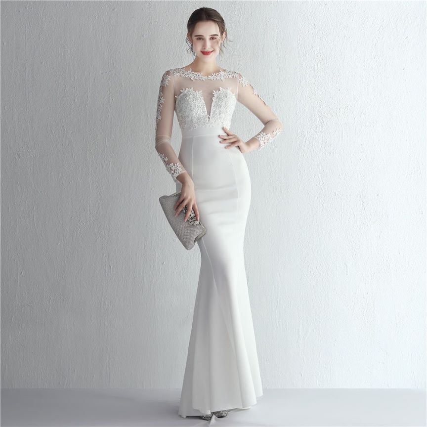 Elegant Long Sleeve Lace Mermaid Evening Gown (White) (Made To Order)