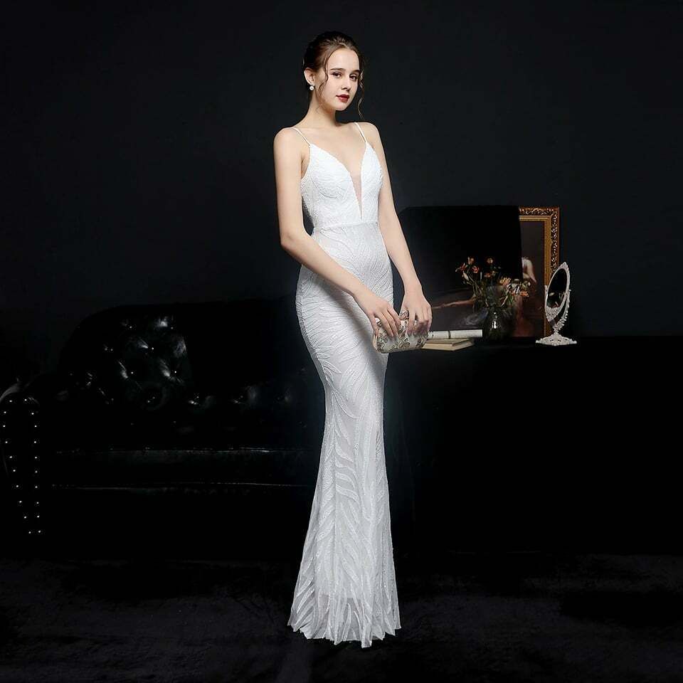 [ReadyStock] Spaghetti Sequins Pattern Mermaid Gown - White