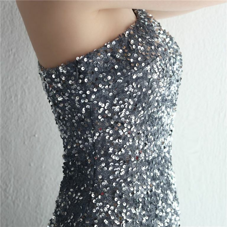 One Side Off Shoulder Sequins Slit Evening Gown (Grey) (Made To Order)