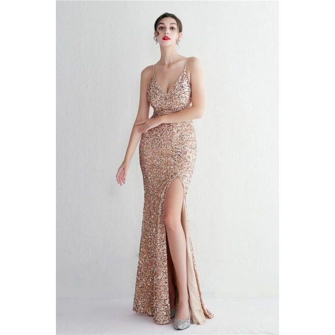 Gorgeous Open Back Spaghetti Evening Gown (Gold) (Made To Order)