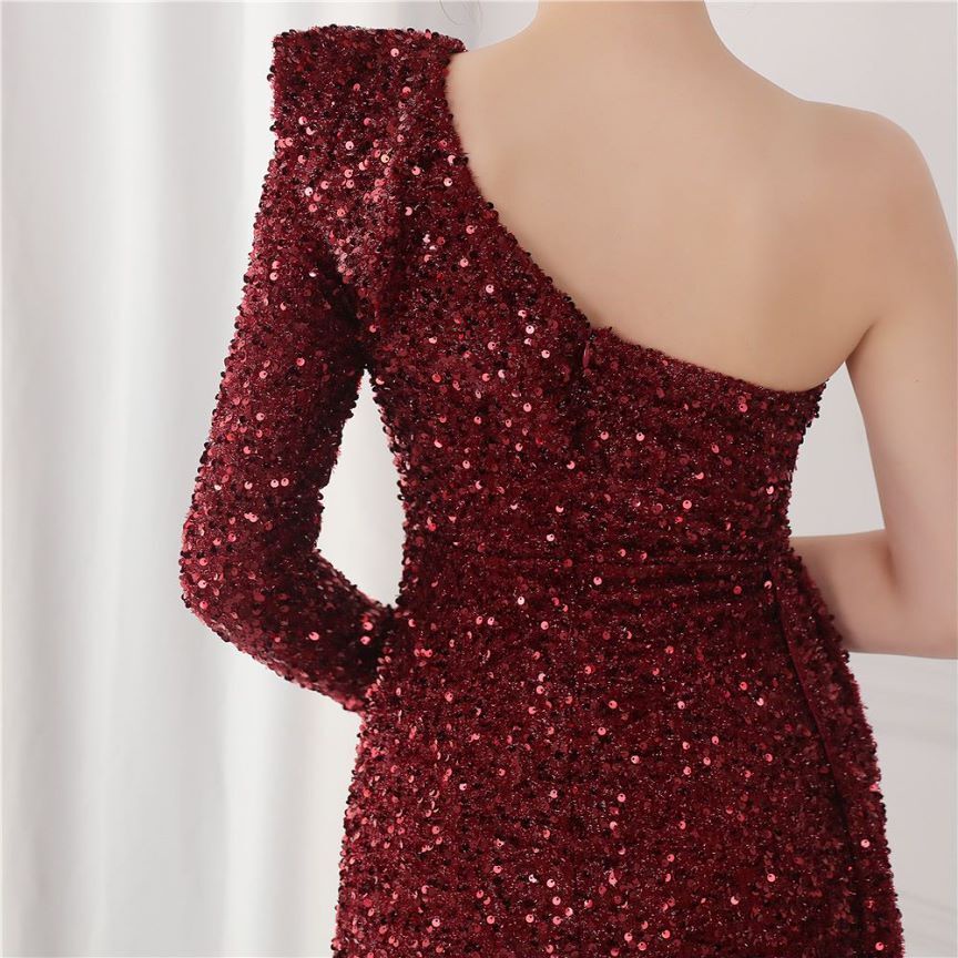 Ruffles One Side Long Sleeve Sequins Evening Gown (Maroon) (Made To Order)