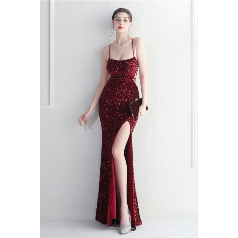 Back Cross String Sequins With Slit Evening Gown (Maroon) (Made To Order)