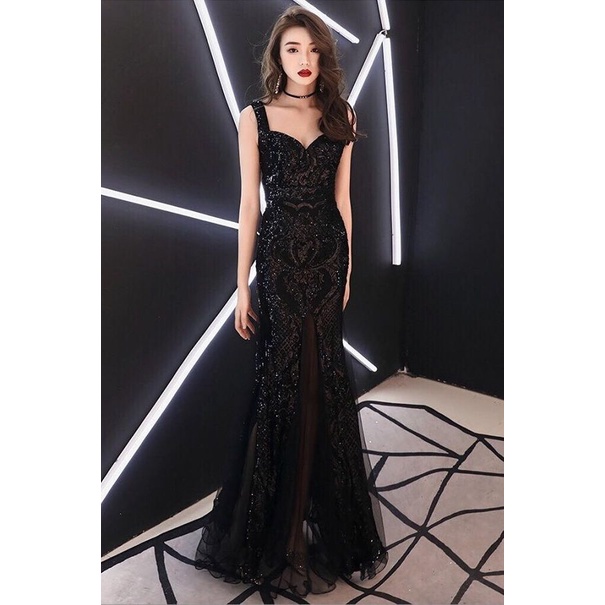 [ReadyStock] Sweetheart Sequins Mermaid Slit Evening Gown - Black
