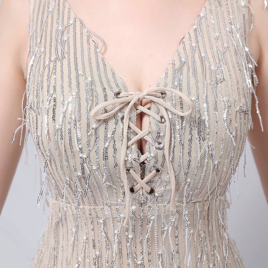 V-Neck Sequins Pattern Evening Gown (Silver) (Made To Order)