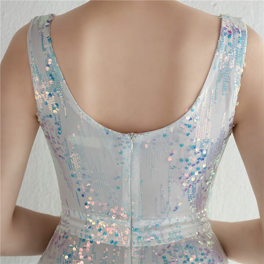 Multicolors Sequins V-Neck High Slit Evening Gown (White) (Made To Order)