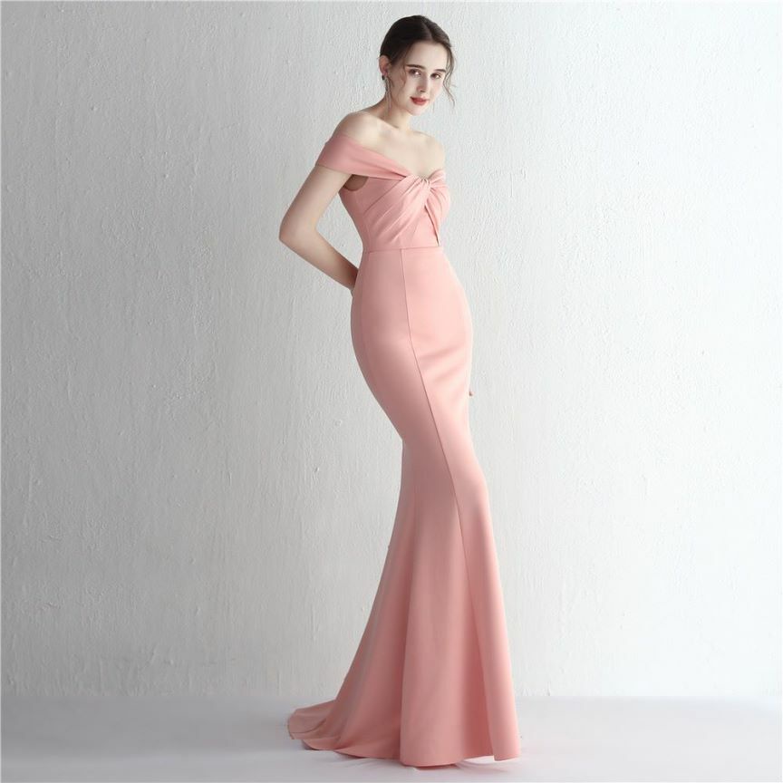 Off Shoulder Twist Slim Mermaid Long Evening Gown (Pink) (Made To Order)