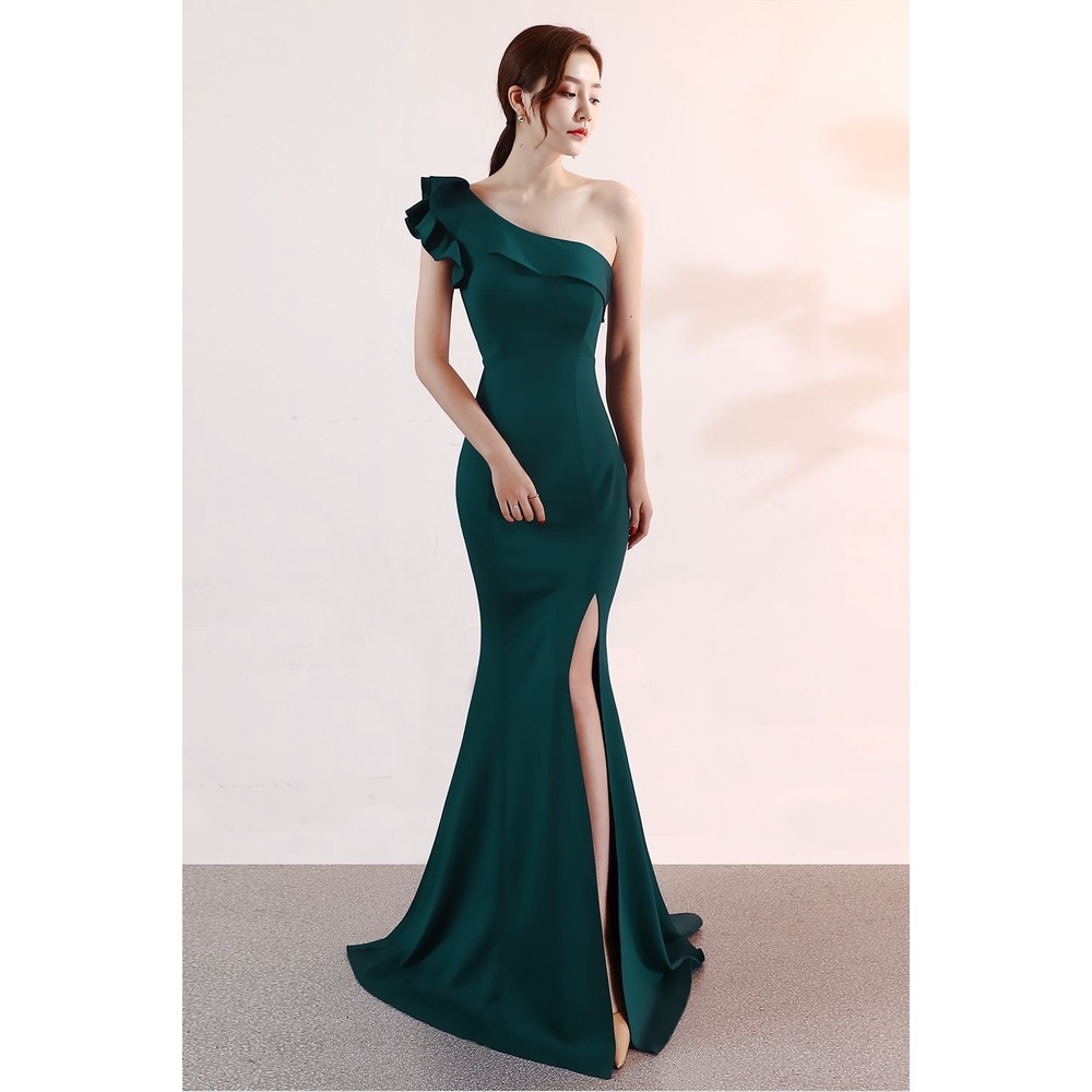 One Side Off Shoulder Ruffles Fitted Evening Gown (Green) (Made To Order)