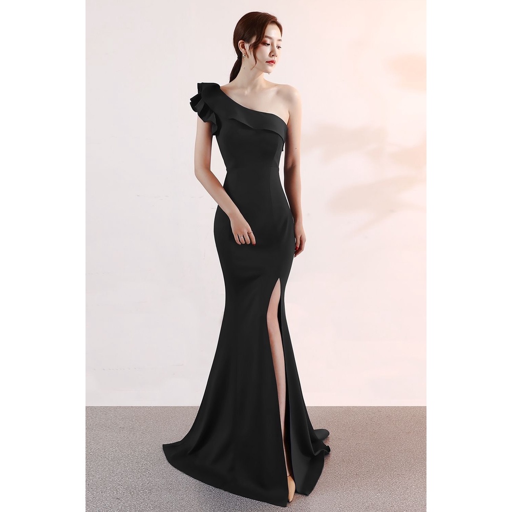 One Side Off Shoulder Ruffles Fitted Evening Gown (Black) (Made To Order)