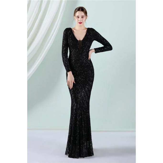 Long Sleeve Sequins Mermaid Evening Gown (Black) (Made To Order)