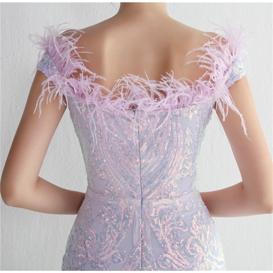 Elegant Off Shoulder Feather Mermaid Evening Gown (Lilac) (Made To Order)