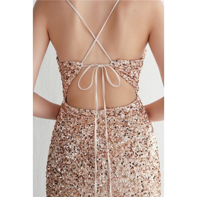 Gorgeous Open Back Spaghetti Evening Gown (Gold) (Made To Order)