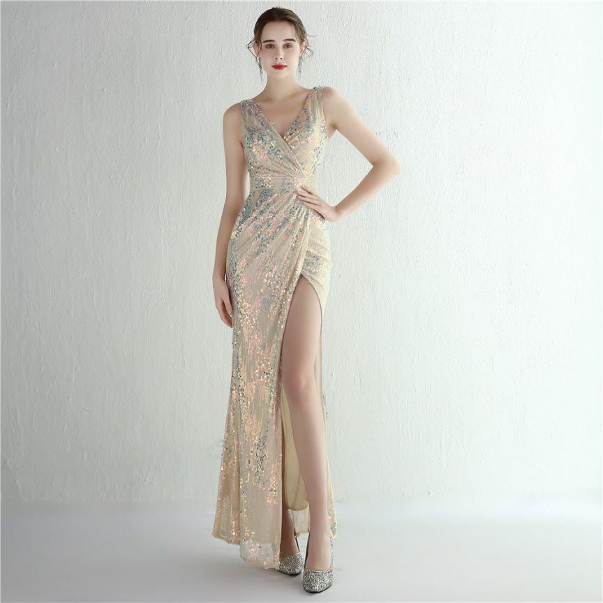 Multicolors Sequins V-Neck High Slit Evening Gown (Gold) (Retail)