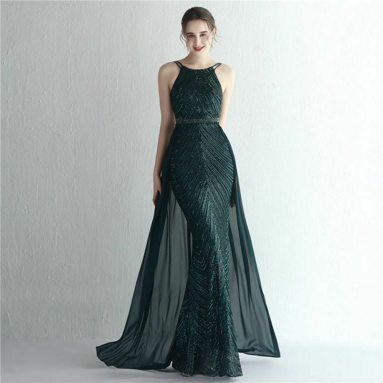 Halter Sequins with Cape Skirt in Mermaid Style Evening Gowns (Green) (Retail)