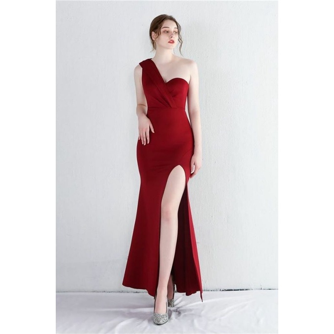 One Side Off Shoulder with High Slit Evening Dress (Maroon) (Made To Order)