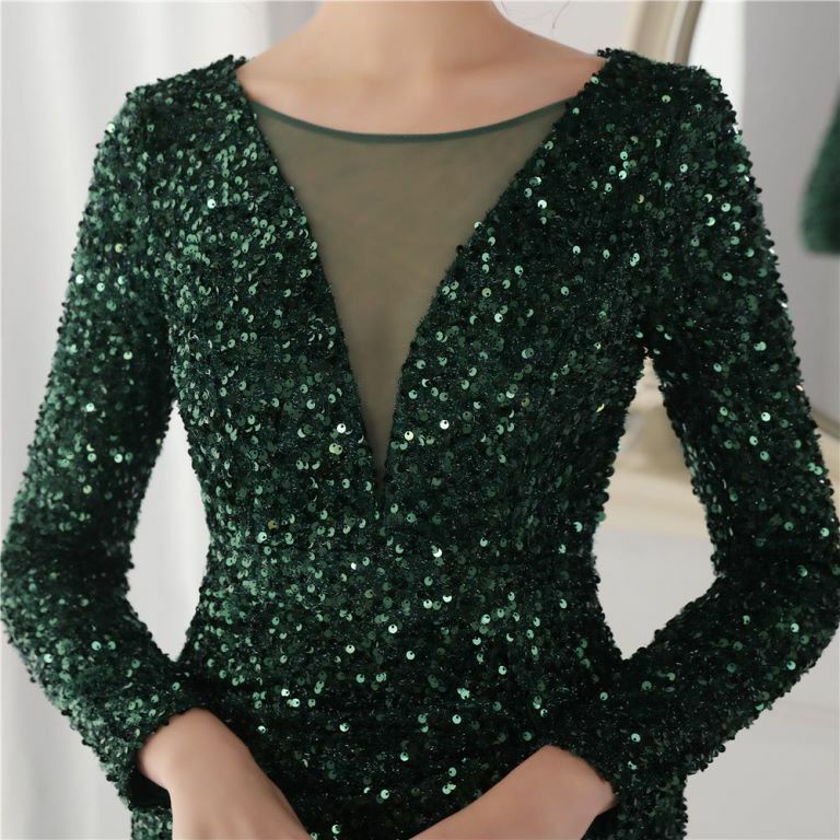 Long Sleeve Illusion V-Neck Evening Gowns (Green) (Made To Order)