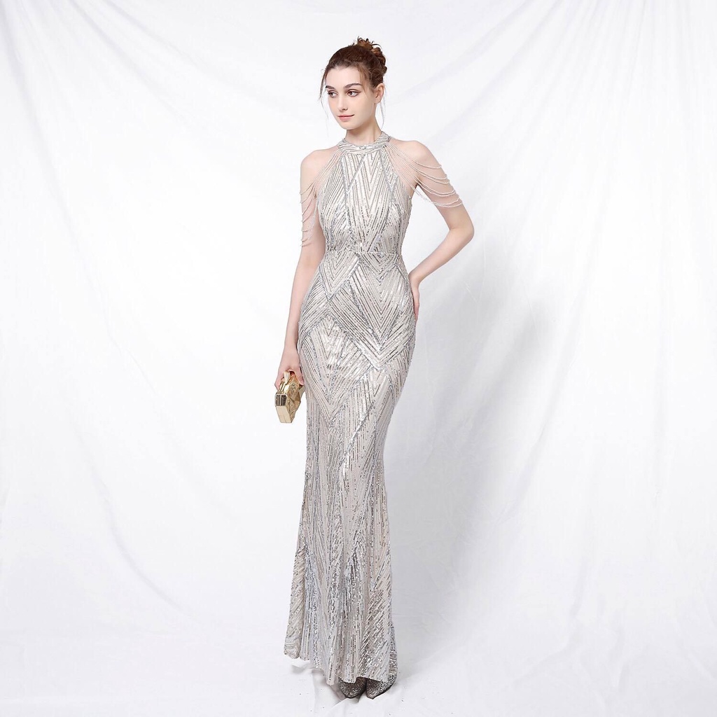 Sequins Halter Neck with Beads Mermaid Long Gown (Silver) (Retail)