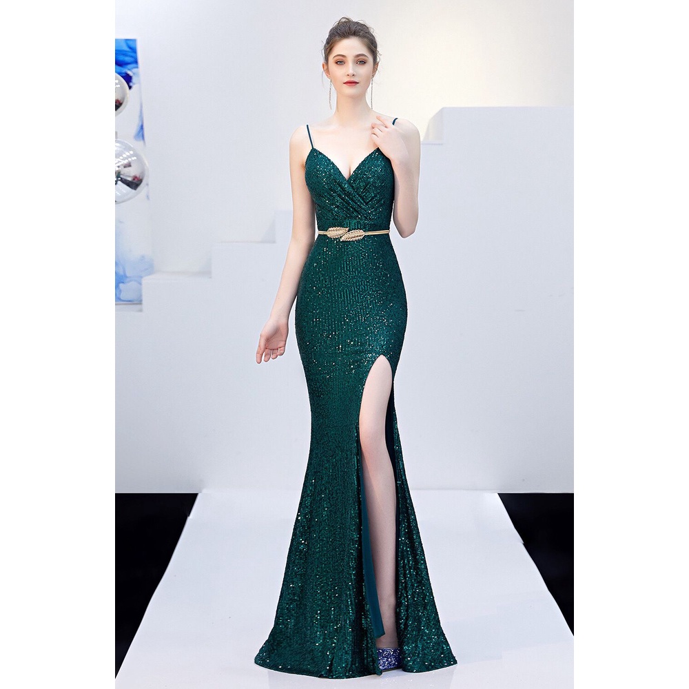 Sexy High Slit Long Evening Gown (Green) (Made To Order)