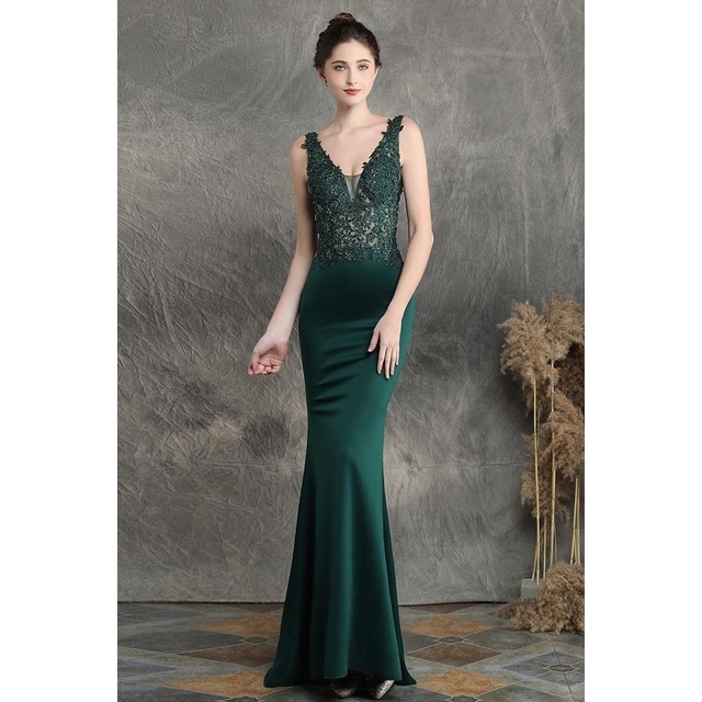 Low Back V-Neck Mermaid Evening Gown (Green) (Made To Order)