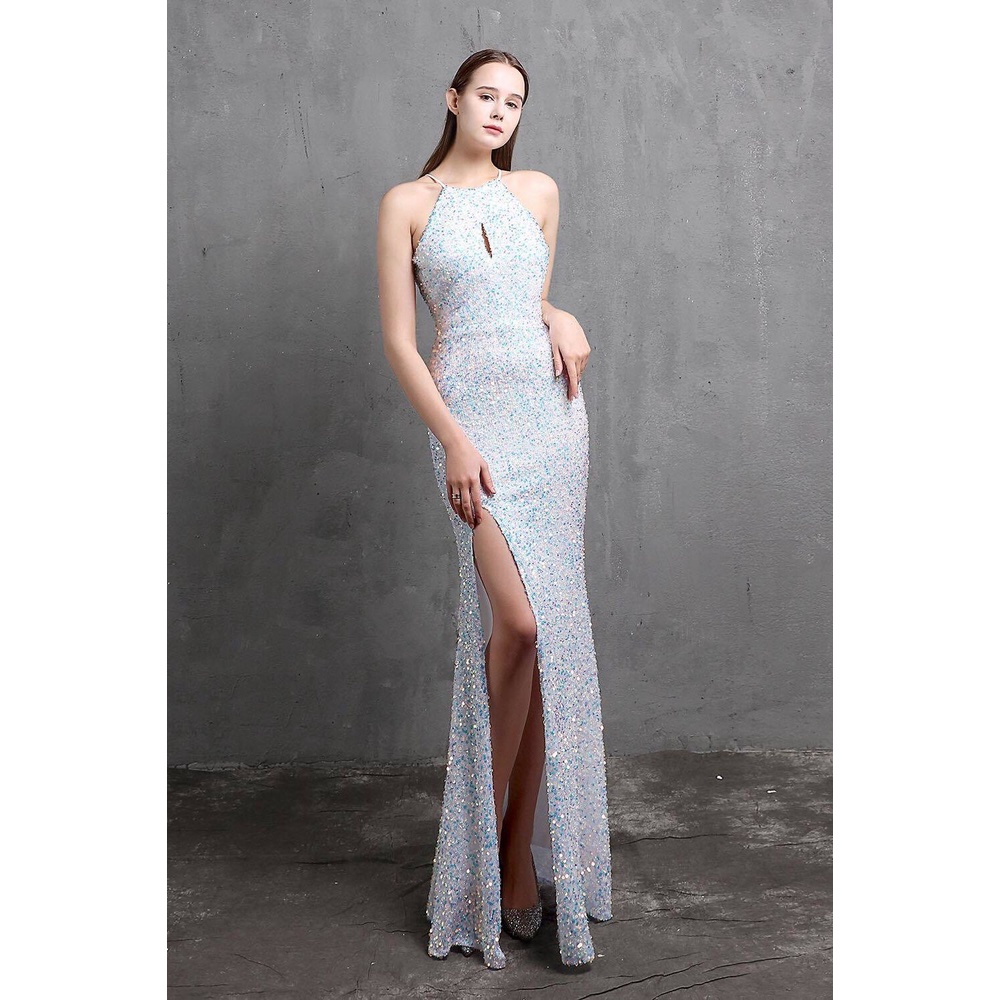 Elegant Halter Sequins Mermaid Gown (White) (Made To Order)