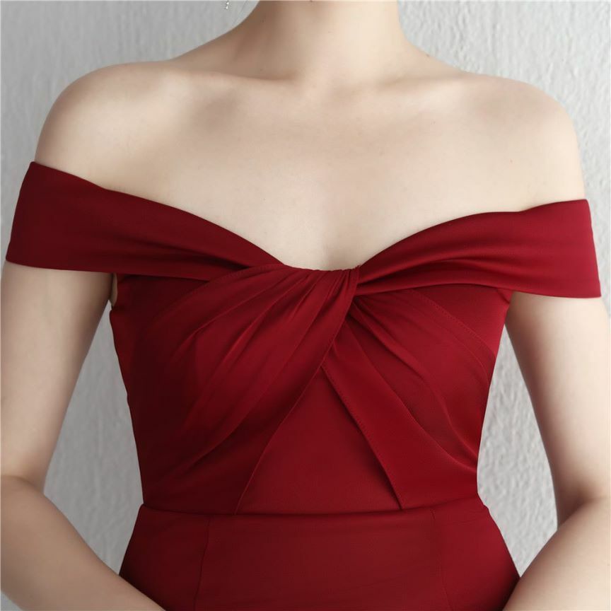 Off Shoulder Twist Slim Mermaid Long Evening Gown (Maroon) (Made To Order)