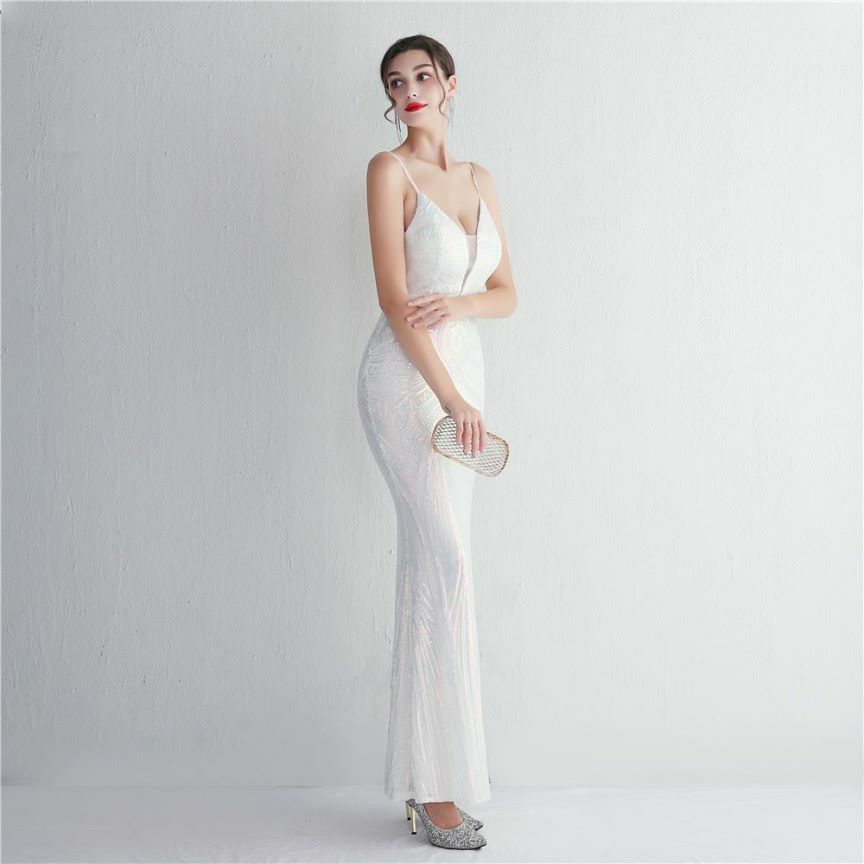 Low Back Spaghetti Mermaid Evening Gown (White) (Made To Order)