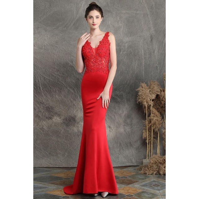 Low Back V-Neck Mermaid Evening Gown (Red) (Made To Order)