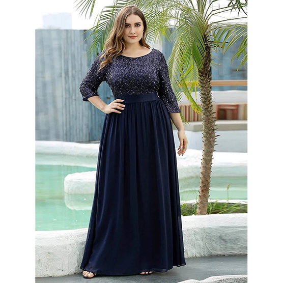 Half Sleeves Sequins A-Line Evening Gown (Navy Blue) (Made To Order)